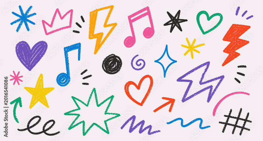 Hand Drawn Music Notes, Punk Lightning Bolts, Hearts and Star Doodles ...