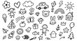 © aura studio - Funky childish doodle icons and cute crayon drawings collection for kids design, nursery decor, sticker packs, playful toys, flowers, rainbow, animals and cartoon vector illustration