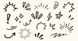 © aura studio - Crayon drawn attention symbols and doodle emphasis marks collection. Hand drawn sparkle bursts, comic rays, sketch highlight signs, manga starburst shapes and vector illustration