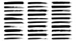 © aura studio - Black highlighter brush stroke lines set for underline banners, dry paint marker stripes, rough grunge ink smears and bold hand drawn highlight elements. Vector illustration
