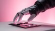 © Megin Design - ピンク色の照明の下で光るコントロールパネルを操作するロボットの手。未来的な自動化とテクノロジーの概念