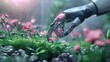 © Megin Design - 庭の小さな花に触れるロボットの手。自然と技術の共生。繊細な動作を行う機械の指先