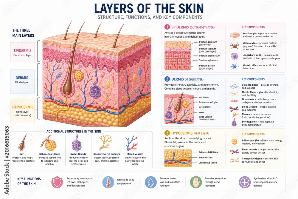 Human skin anatomy diagram showing epidermis, dermis and hypodermis ...