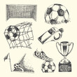 © bbilfunk - Collage of soccer game elements hand-drawn sketch style includes ball net goal whistle trophy with line art football elements collection illustration competition recreation athletic equipment