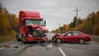 © Varos - A serious head-on collision between a red semi-truck and a red passenger car on an asphalt highway, showing significant vehicle damage and road debris.