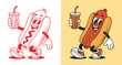 © luqart97 - Retro hot dog mascot character in color and line art style, vintage cartoon vector for t-shirt design, poster, sticker and streetwear design