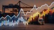 © Eve - Trucking and land logistics transportation with stock market growth. Financial chart overlay on cargo trucks at shipping terminal. Distribution network and supply chain economy concept.