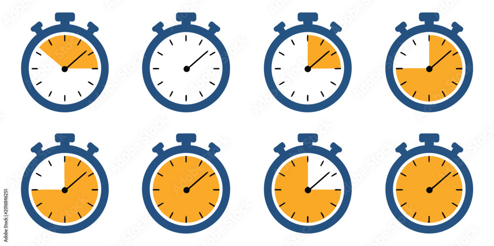 Stopwatch Icon Set with Timer Symbols and Countdown Timers Representing ...