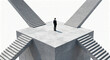 © Mamer - Man standing at a crossroads of decisions, choosing one of four staircases leading in different directions on a concrete platform