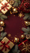 © Kiozmedias.fr - Cadeaux de Noël festifs avec ornements dorés et branches de sapin