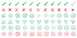© ApexStock 66 - hand drawn icon set. Cross box x check mark checkbox v list vector draw hand drawn sketch doodle brush marker checklist symbol wrong right circle. Vector Illustration. Red, Green, Black color