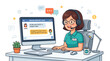 © amri - Cute cartoon of a female customer service representative wearing a headset and answering customer questions through computer chat on a modern flat illustration style screen with a minimal