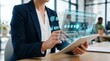 © AIPERA - Businesswoman holding tablet with holographic CSAT dashboard displaying KPI metrics and analytics. Customer satisfaction monitoring and business performance tracking concept.