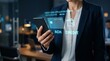 © AIPERA - Businessman reviewing credit card application on smartphone with holographic icons. Digital banking, financial approval, and online payment processing concept.