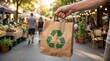 © Specific AI - Hand holds a brown paper shopping bag with green recycling symbol walking through a vibrant outdoor farmer's market