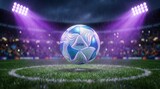 A shiny soccer ball marked 2026 floats above center field in a dark stadium under purple floodlights.