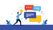 © Rimi - Marketing professional places a gold star next to customer review speech bubbles with different ratings to represent feedback management.