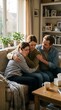 © Gustav - Parents provide comfort and emotional support to their distraught daughter sitting on a sofa in a warm family living room.