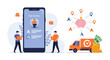 © Saima - Modern delivery service app interface showing couriers with packages a logistics truck and a savings piggy bank icon.