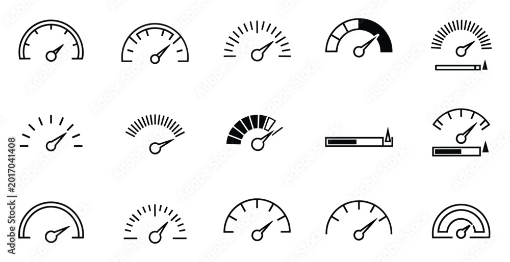 Speedometer gauge and level indicator icons for performance measurement ...