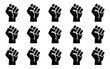 © Mausumi - Set of 15 black silhouette raised fists on white background symbolizing unity and protest