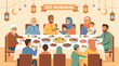 © taufik - Joyful Muslim family celebrates Eid Mubarak, sharing a festive feast around a beautifully decorated dining table, embracing unity and tradition during this special occasion of togetherness