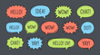 © naufal - Set of colorful hand drawn speech bubbles and comic shout boxes with text on dark background, Expressing social media communication or digital marketing dialogue