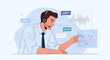 © Sean - Customer service agent with headphones analyzes graphs and data