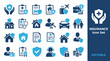 © ABUL - Insurance and financial protection icon set featuring life, health, car, home, and travel insurance, medical coverage, claim process, insurance policy, and security shield symbols.