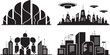 © Nur - Futuristic cityscapes and robots in silhouette vector illustration, 4 scenes with flying