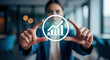 © Alexandr Peers - Interactive financial data visualization overlay showing upward sale trend arrow to demonstrate gesture controlled stock trading software during virtual wealth management presentation