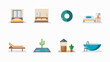 © AI PIC - Pixel Art Hotel Resort Amenities Icons Set Featuring Beds Pools Loungers and Bathtubs