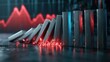 © 69 - Conceptual image of metal domino falling trying to stop chain reaction with digital red chart graph in background representing financial crisis and risk management