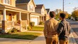 © Future Vision - Walking two men linking arms while passing suburban houses and porches, wristwatch, copy space