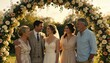 © Future Vision - Standing family group of five beneath large floral arch at garden, showing lace gown and suit