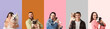 © Pixel-Shot - Set of owners hugging their dogs on color background