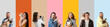 © Pixel-Shot - Set of owners hugging their dogs on color background