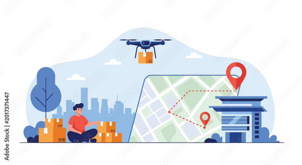 Modern drone delivery service concept featuring a man receiving a ...