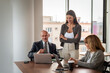 © gzorgz - Group of business people with laptops in a modern conference room and having business meeting