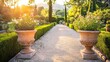 © DanyArt - Elegant private garden pathway with manicured hedges and beautiful floral arrangements bathed in bright daylight