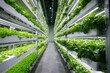 © amat - Rows of lush, green leafy vegetables grow under bright artificial lights in an indoor farm
