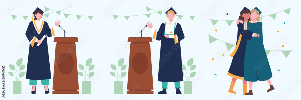 Graduation ceremony vector set, students in academic gowns and ...
