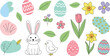 © Jahangir - Hand Drawn Easter Vector Set Featuring Cute White Rabbit Small Yellow Chick Colorful Patterned Eggs Spring Flowers Leaves and Abstract Pastel Shapes
