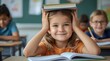© Putra - Smiling Young Girl Balancing Book on Head in Classroom.