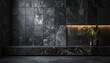 © Rendy Dastian - A serene interior scene with a potted plant on a marble bench against a dark marble wall with ambient lighting.