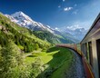 © April - scenic train journey through mountains during daytime with lush greenery and snow capped peaks