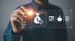 © Zain - Businessman Pressing Financial Dashboard Icons For Budget Planning, Investment, And Accounting Analysis