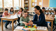 © Elvira - Female teacher helping child in wheelchair build blocks in inclusive elementary classroom