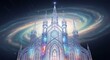 © Tuklu - Cathédrale fantastique avec façade illuminée sur fond de galaxie céleste