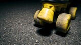 close up of yellow roller skate wheels and toe stop on asphalt road at night